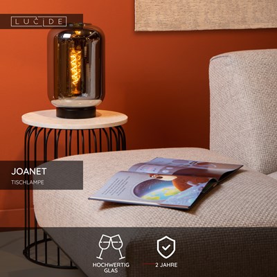 Lucide JOANET - Tischlampe - Ø 22 cm - 1xE27 - Rauchfarbe Grau